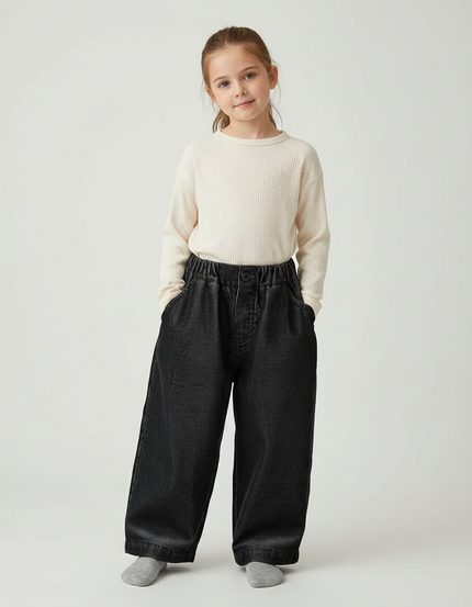 Pantalon Velours Fille Noir Large Côtelé Fin - Cordé