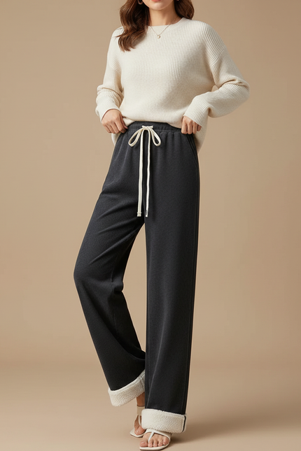 Pantalon Velours Côtelé Noir Droit Chaud Femme - Cordé