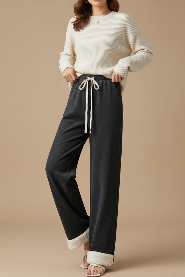 Pantalon Velours Côtelé Noir Droit Chaud Femme - Cordé
