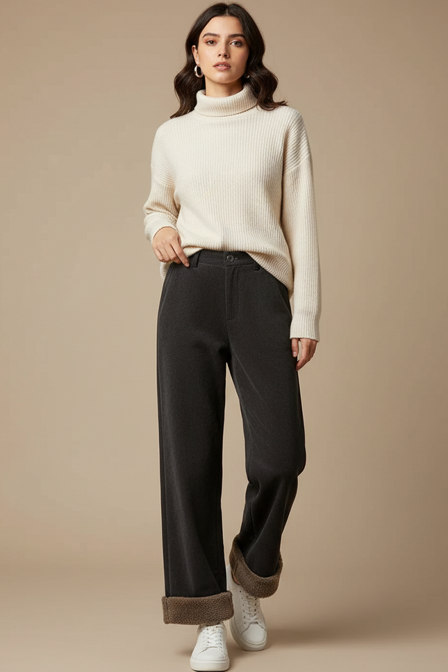 Pantalon Velours Gris Côtelé Ample Doublé Polaire