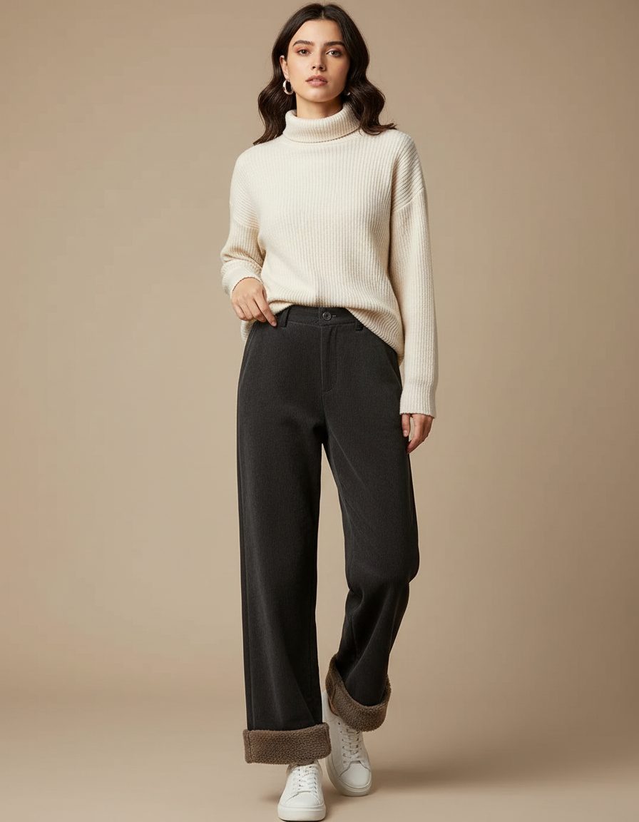 Pantalon Velours Gris Côtelé Ample Doublé Polaire