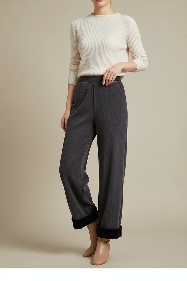 Pantalon Velours Gris Côtelé Ample Doublé Femme - Cordé