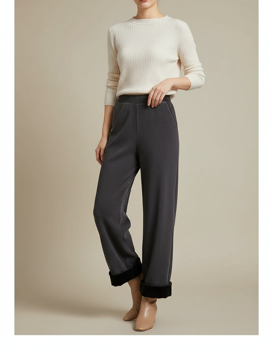 Pantalon Velours Gris Côtelé Ample Doublé Femme - Cordé