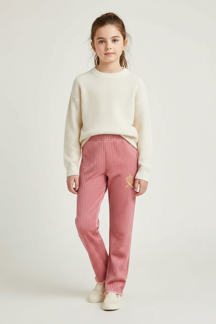 Pantalon Velours Rose Côtelé Brodé Couronne Fille - Cordé
