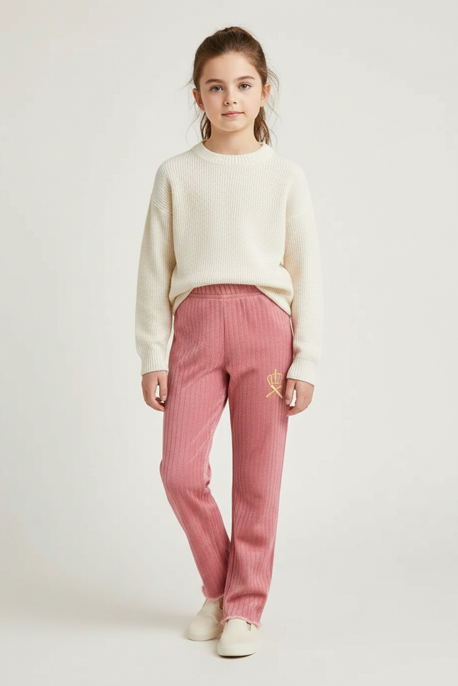 Pantalon Velours Rose Côtelé Brodé Couronne Fille - Cordé