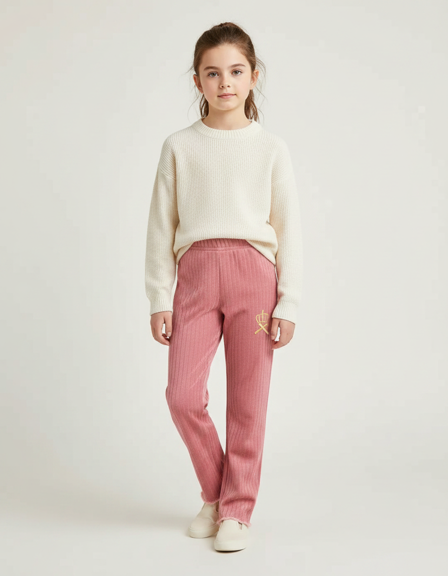 Pantalon Velours Rose Côtelé Brodé Couronne Fille - Cordé
