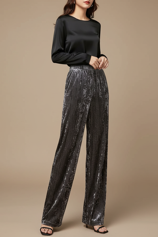 Pantalon Velours Gris Plissé Ample Taille Haute