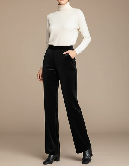 Pantalon Velours Noir Ample Taille Haute Femme Élégant