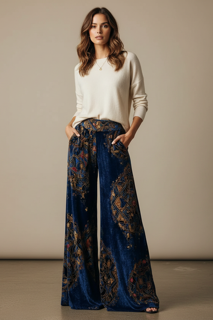 Pantalon Velours Bleu Imprimé Ethnique Large Femme - Marine