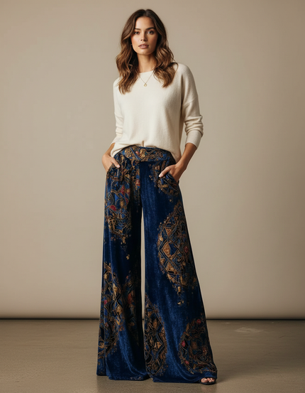 Pantalon Velours Bleu Imprimé Ethnique Large Femme - Marine