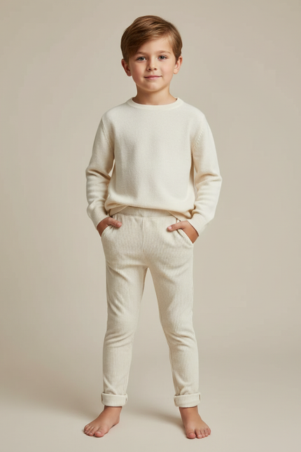 Pantalon Velours Côtelé Écru Élastique Enfant - Beige Cordé