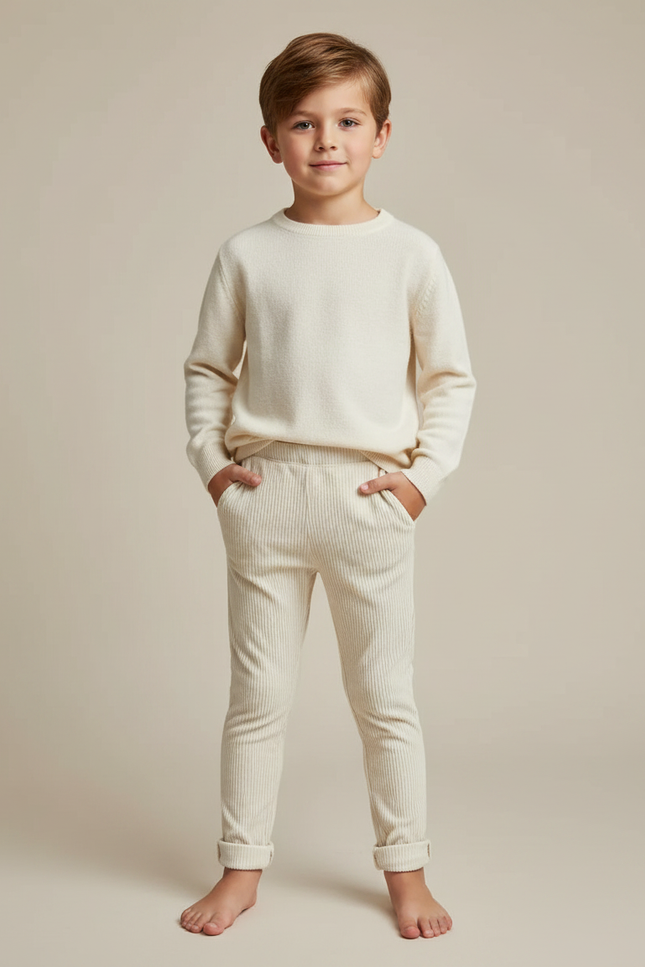 Pantalon Velours Côtelé Écru Élastique Enfant - Beige Cordé