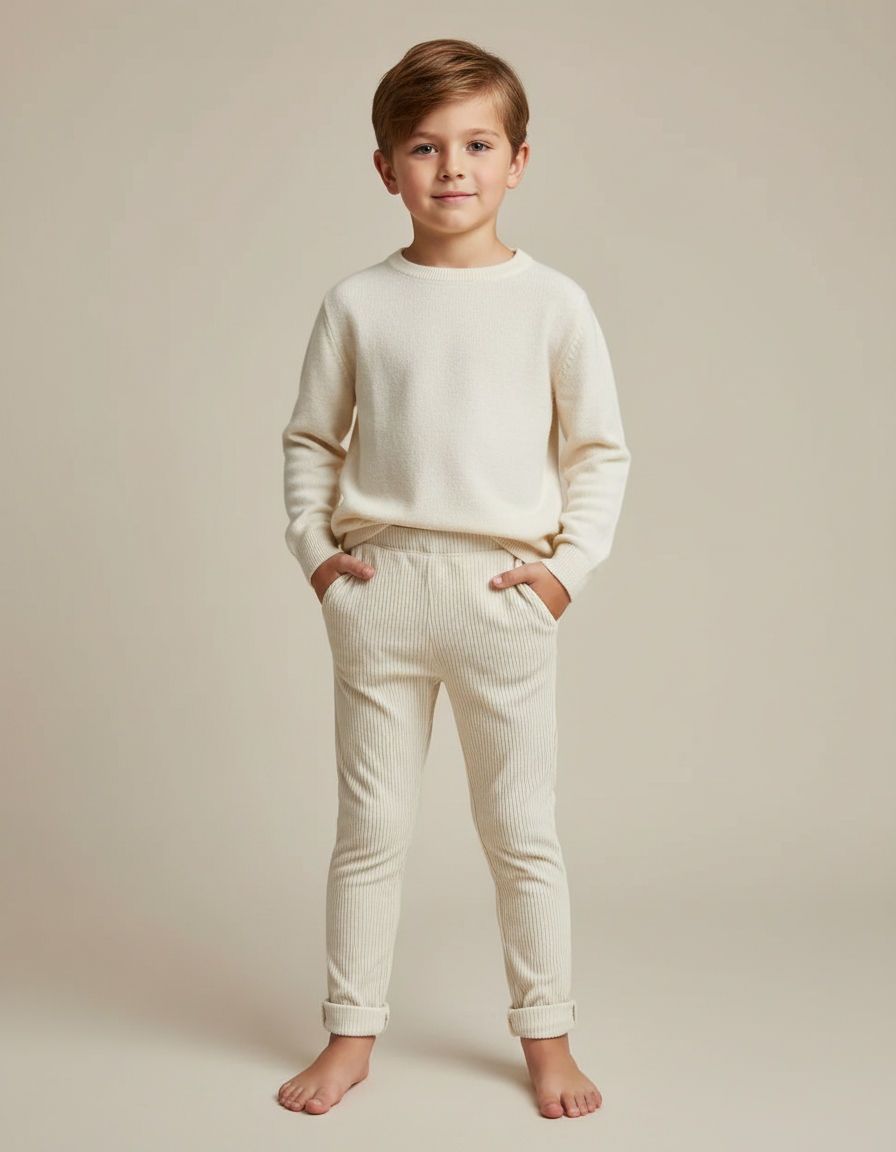 Pantalon Velours Côtelé Écru Élastique Enfant - Beige Cordé