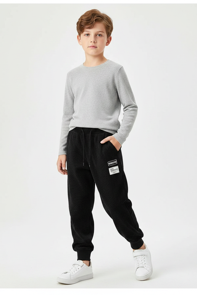 Pantalon Velours Côtelé Noir Ample Enfant Décontracté - Cordé