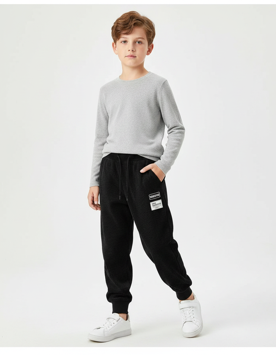 Pantalon Velours Côtelé Noir Ample Enfant Décontracté - Cordé