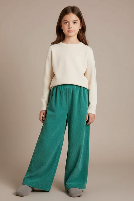 Pantalon Velours Côtelé Vert Ample Décontracté Fille - Cordé