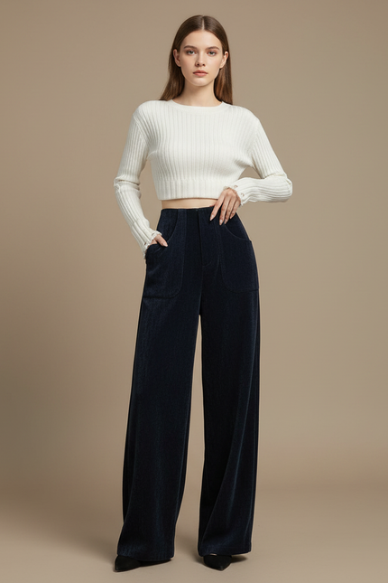 Pantalon Velours Marine Large Décontracté Femme - Cordé