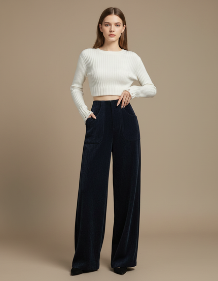 Pantalon Velours Marine Large Décontracté Femme - Cordé