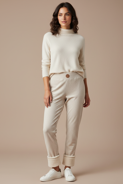 Pantalon Velours Beige Slim Doublé Sherpa Femme