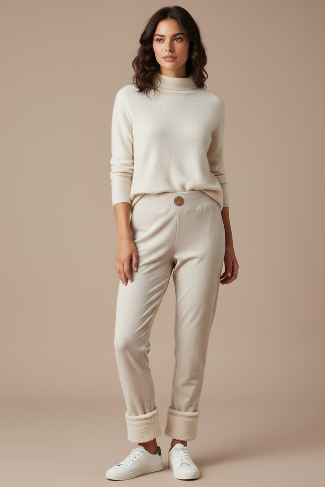 Pantalon Velours Beige Slim Doublé Sherpa Femme