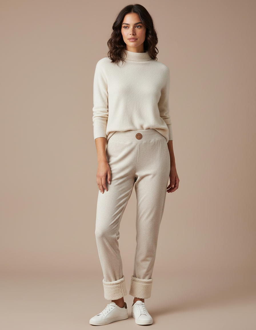 Pantalon Velours Beige Slim Doublé Sherpa Femme