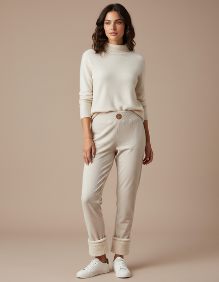 Pantalon Velours Beige Slim Doublé Sherpa Femme