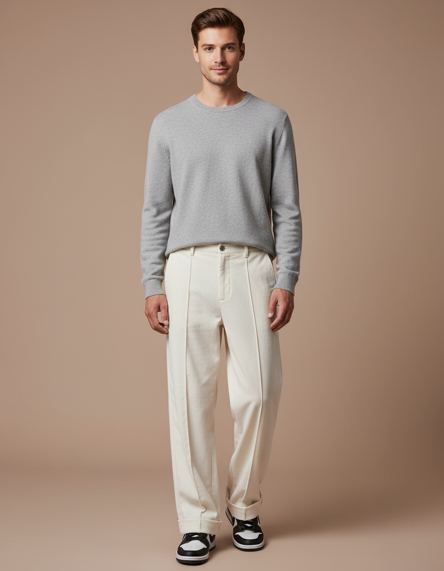 Pantalon Velours Homme Droit Ample Écru Décontracté - Beige Cordé
