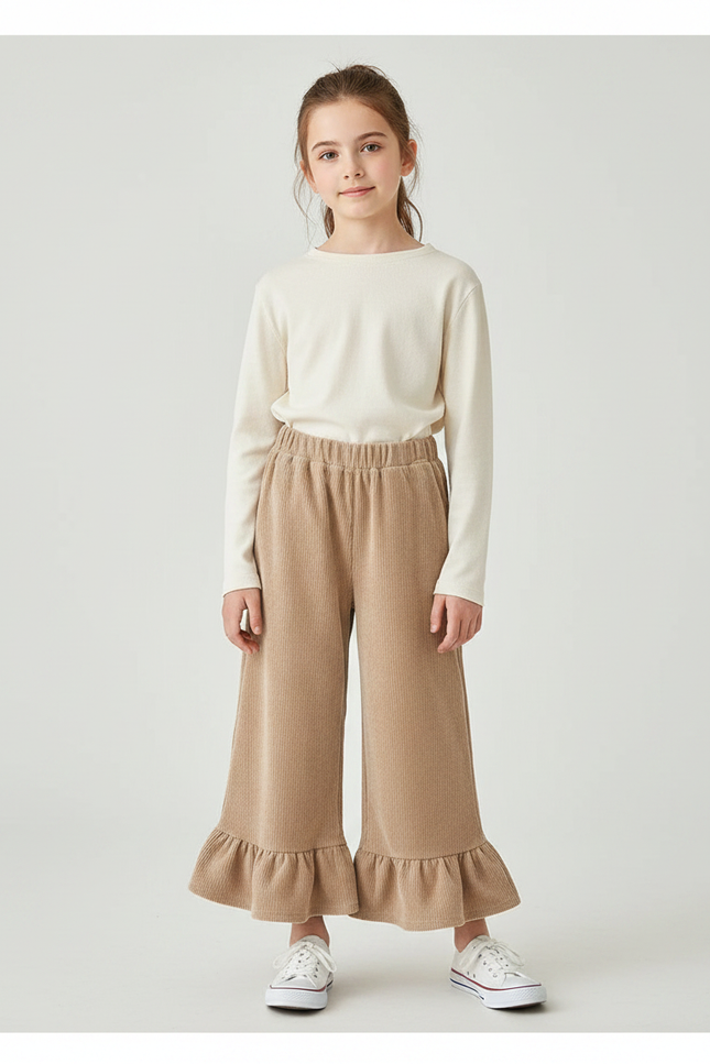 Pantalon Velours Beige Côtelé Ample Volants Fille - Cordé