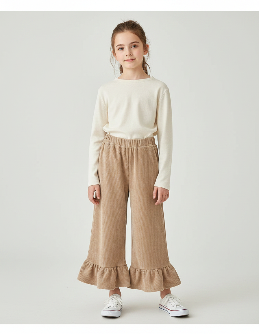 Pantalon Velours Beige Côtelé Ample Volants Fille - Cordé