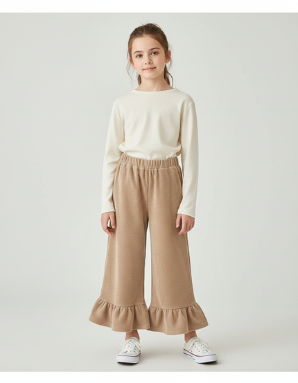 Pantalon Velours Beige Côtelé Ample Volants Fille - Cordé