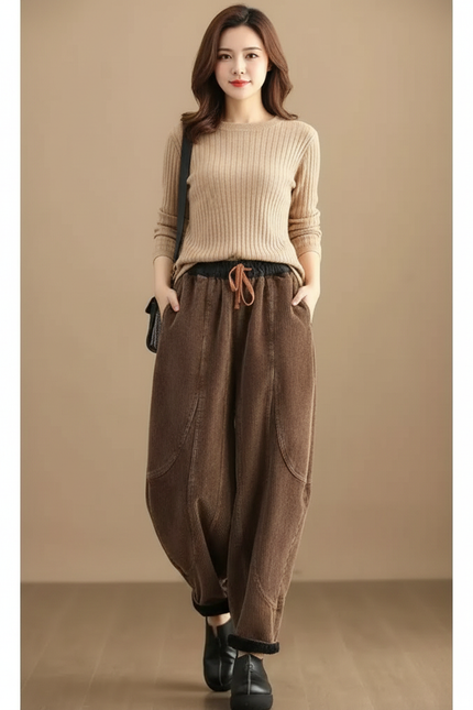 Pantalon Velours Marron Côtelé Ample Doublé Femme - Cordé