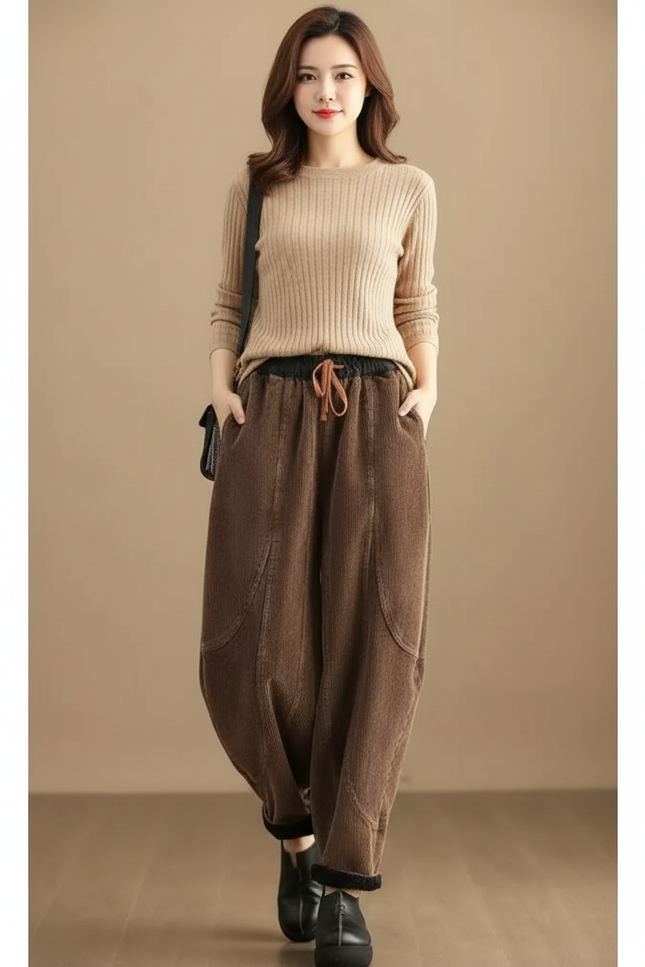 Pantalon Velours Marron Côtelé Ample Doublé Femme - Cordé