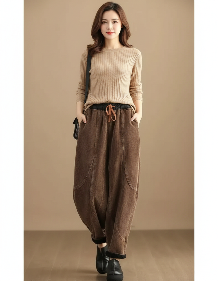 Pantalon Velours Marron Côtelé Ample Doublé Femme - Cordé