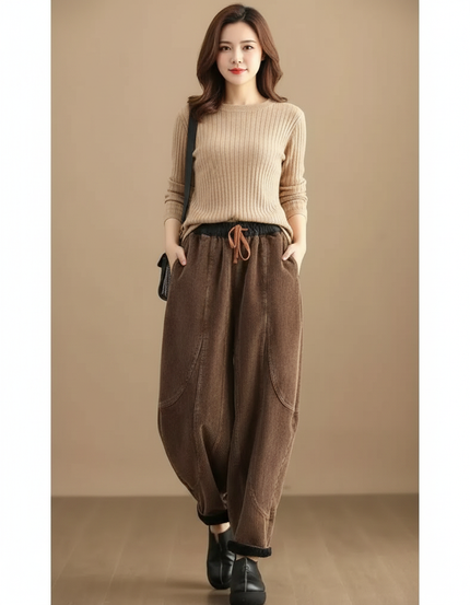 Pantalon Velours Marron Côtelé Ample Doublé Femme - Cordé