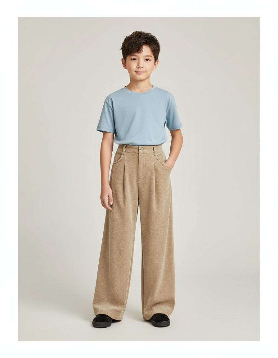 Pantalon Velours Beige Côtelé Ample Garçon Décontracté - Cordé