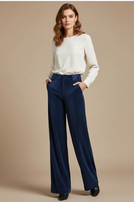 Pantalon Évasé Velours Cotelé Femme - Marine Cordé