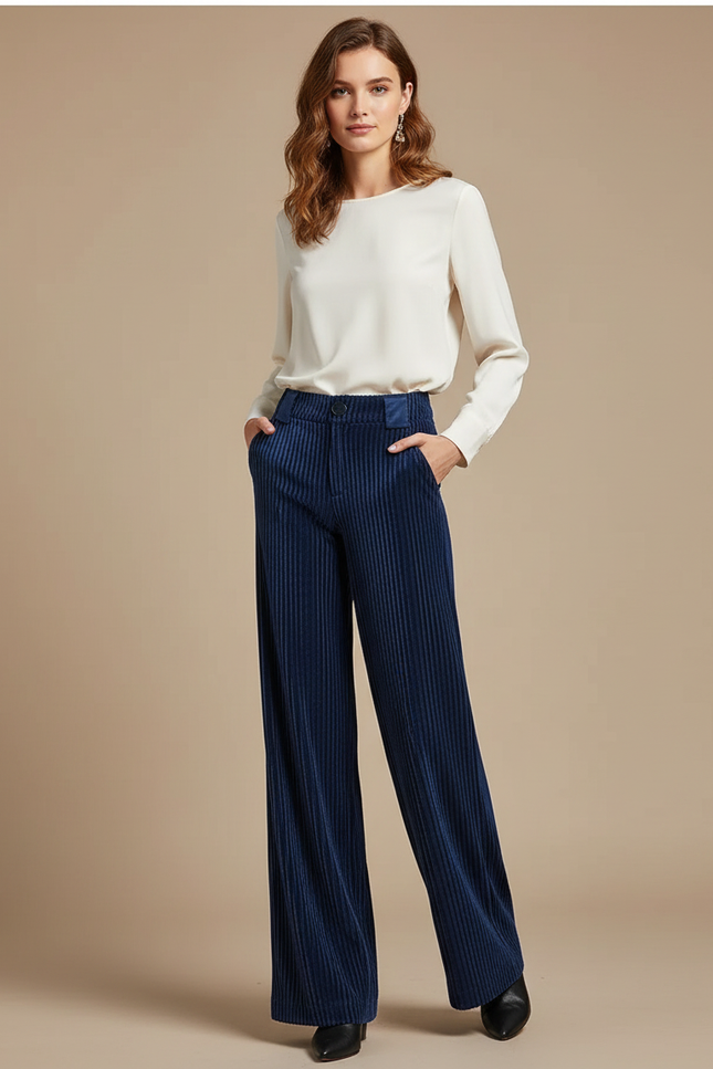 Pantalon Évasé Velours Cotelé Femme - Marine Cordé