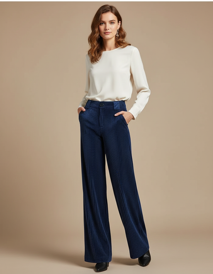 Pantalon Évasé Velours Cotelé Femme - Marine Cordé