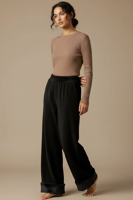 Pantalon Velours Noir Ample Doublé Chaud Décontracté