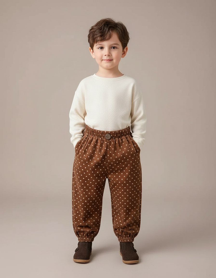 Pantalon Velours Marron Points Ample Enfant Chic - Cordé