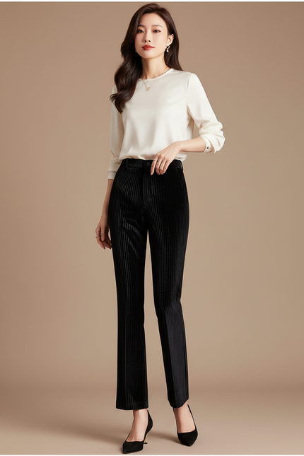 Pantalon Velours Noir Côtelé Droit Élégant Femme - Cordé