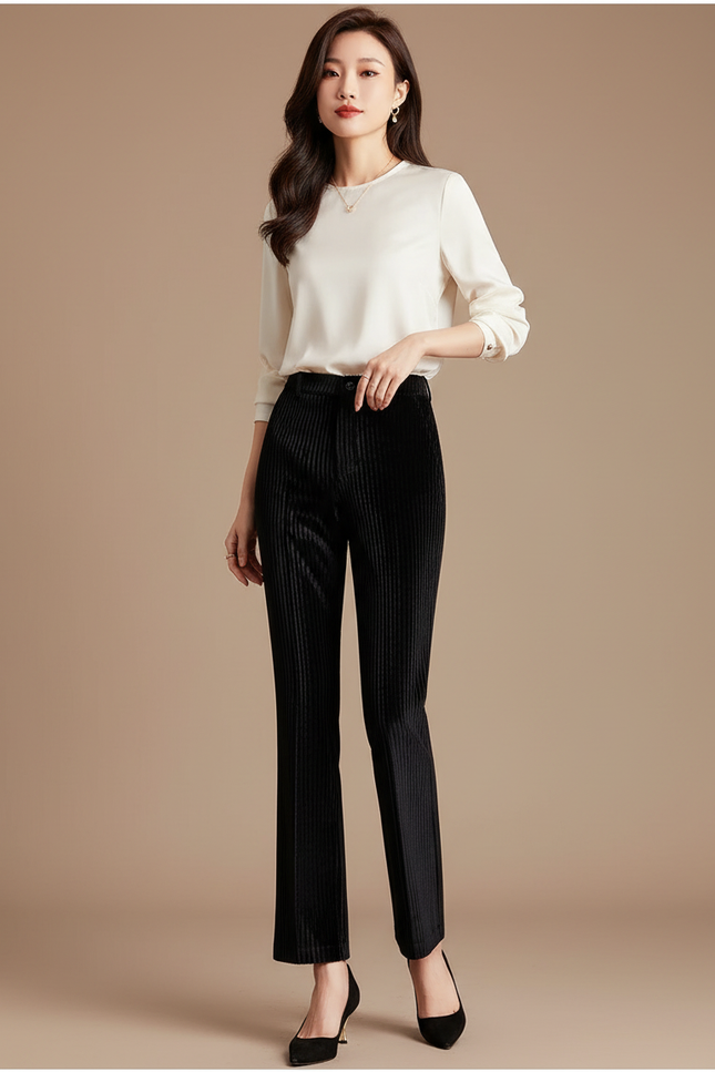 Pantalon Velours Noir Côtelé Droit Élégant Femme - Cordé