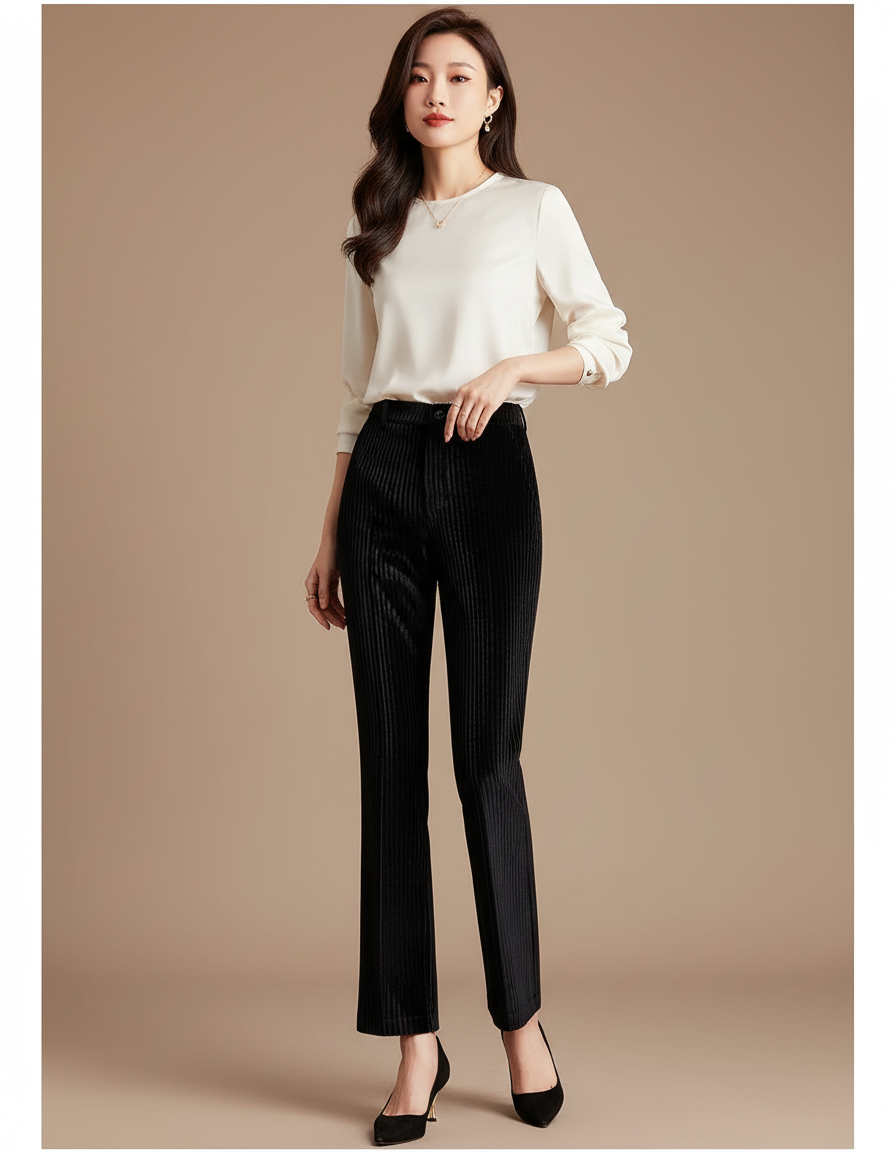 Pantalon Velours Noir Côtelé Droit Élégant Femme - Cordé