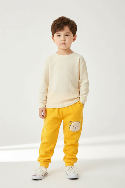 Pantalon Velours Jaune Brodé Ourson Enfant Doux
