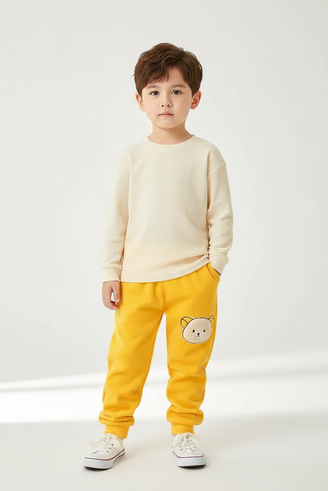 Pantalon Velours Jaune Brodé Ourson Enfant Doux