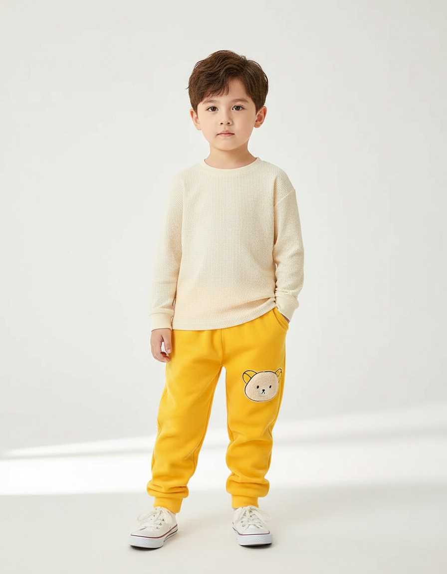Pantalon Velours Jaune Brodé Ourson Enfant Doux