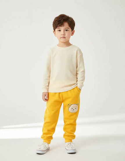 Pantalon Velours Jaune Brodé Ourson Enfant Doux