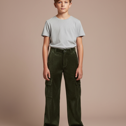 Pantalon Velours Vert Côtelé Ample Cargo Garçon - Cordé