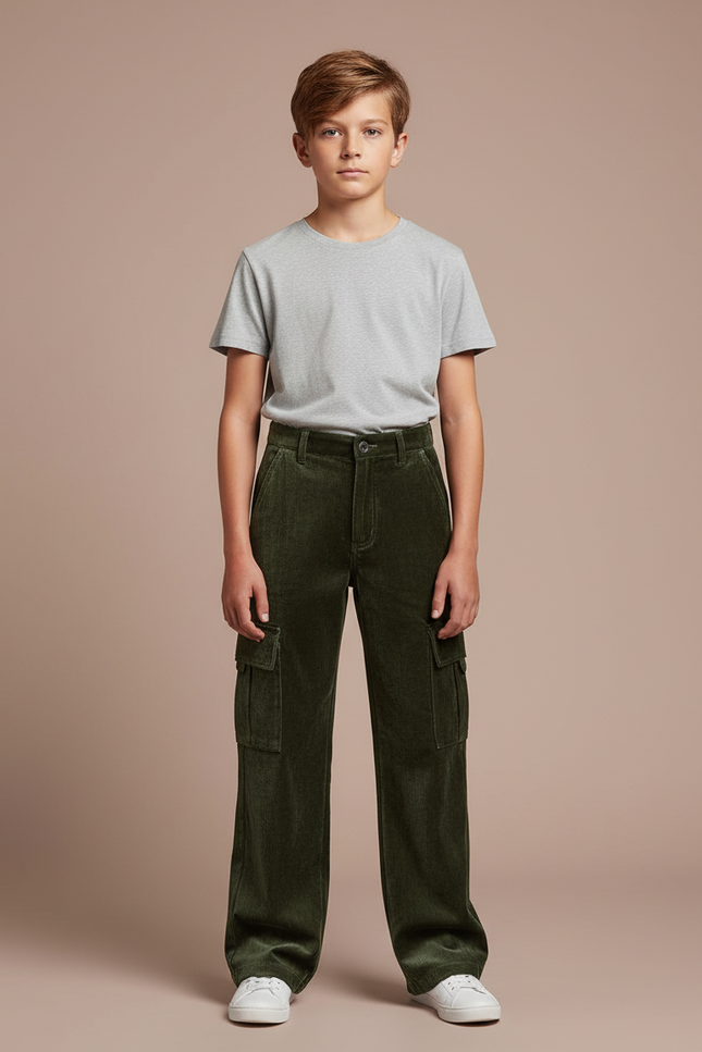Pantalon Velours Vert Côtelé Ample Cargo Garçon - Cordé