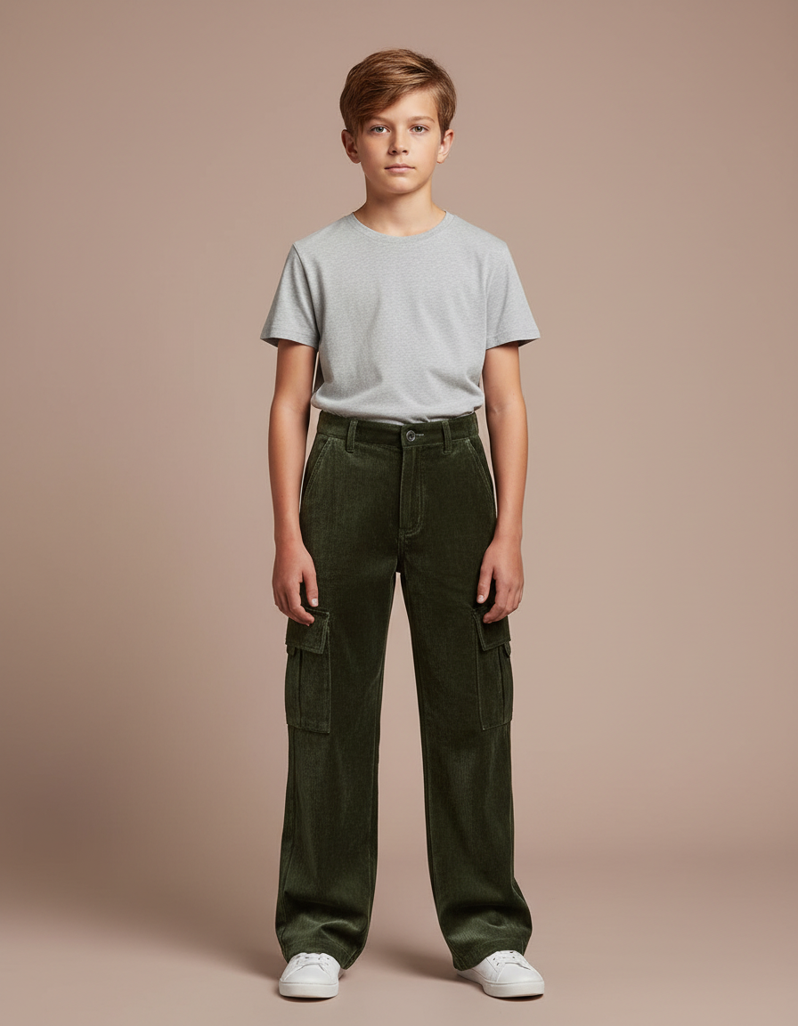 Pantalon Velours Vert Côtelé Ample Cargo Garçon - Cordé
